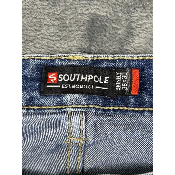 Southpole Men's Skinny Fit Moto Jeans 36x29 Blue Acid Wash‎ Distressed Biker Y2K - Picture 9 of 16